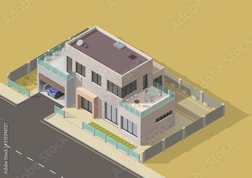 House building isometric vector design of 3d bungalow, villa or mansion with green yard and grass lawn. City and village real estate house building with car garage, balcony and terrace