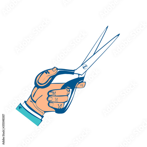 Scissors holding in hand. Vector illustration sketch design. Isolated on background. Man hairdresser, tailor.
