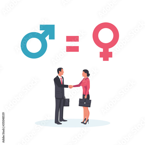 Gender equality concept. Business people man and woman stand in a handshake as a symbol of equality and fairness. Male and female equal rights. Vector illustration flat design.