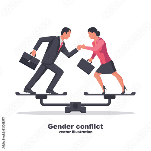 Businessman vs businesswoman in confrontation on scales. Concept of gender equality. Vector illustration flat design. Isolated on white background. Disagreements business people. Symbol competition.