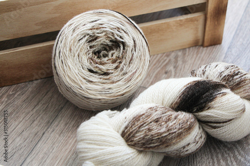 Skeins of multicolored wool yarn