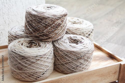 Skeins of multicolored wool yarn