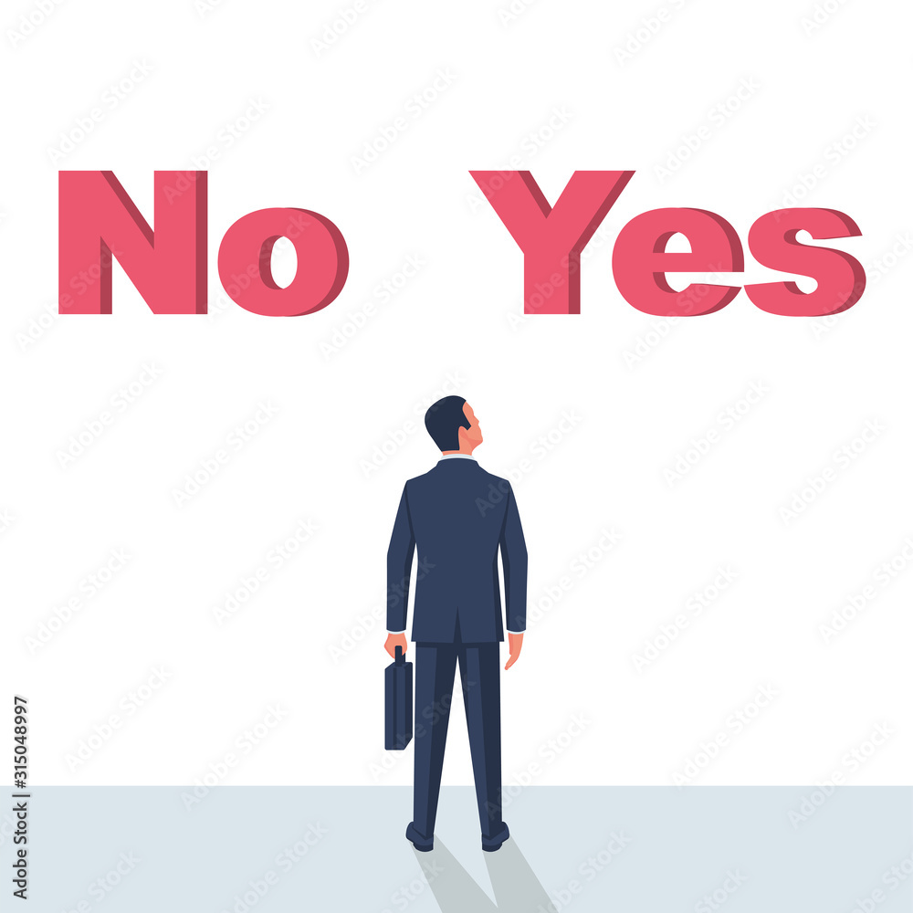Man is faced with a choice of yes or no. Decision business metaphor. Vector flat style design. Isolated on background. Businessman in a suit with a diplomat before choosing. Man is faced with a choice of yes or no. Decision business metaphor. Vector flat style design. Isolated on background. Businessman in a suit with a diplomat before choosing.