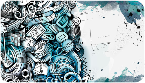 Auto hand drawn doodle banner. Cartoon detailed flyer.