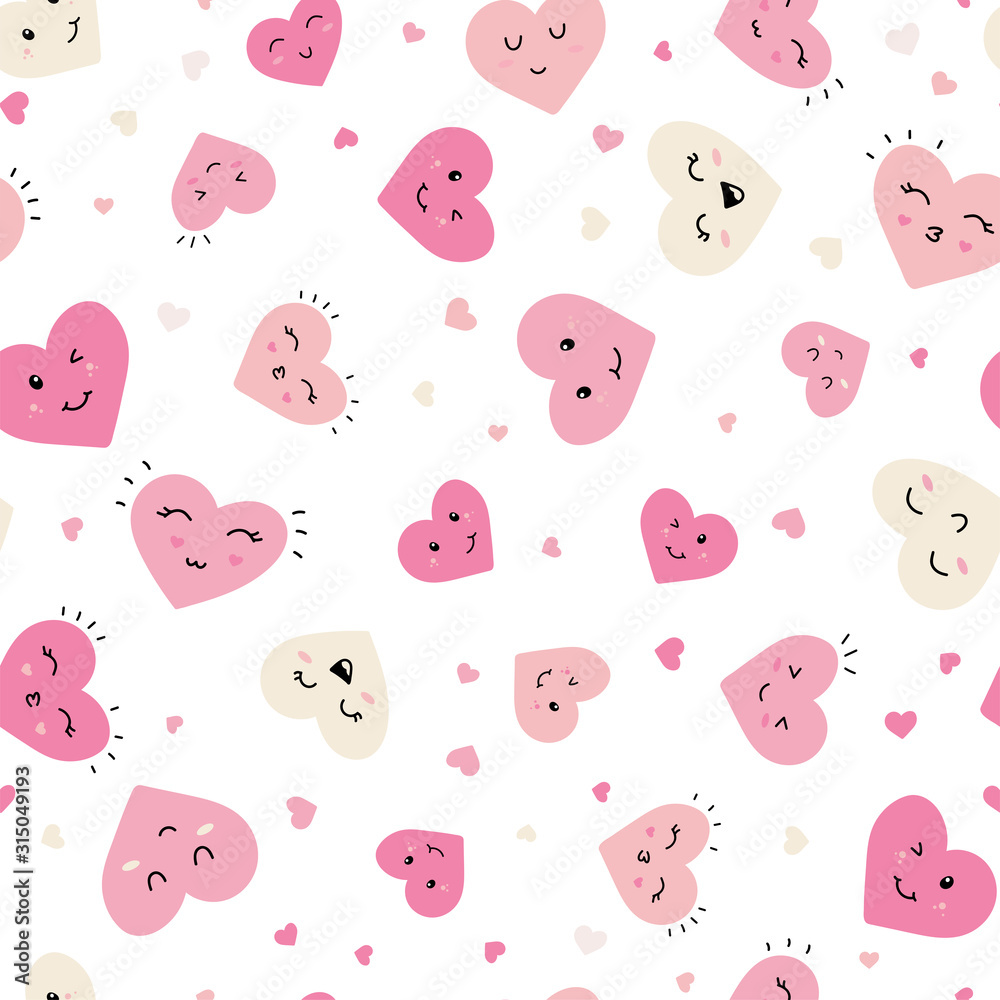 Cute hand drawn hearts seamless pattern, fun comic heart background, great for kids, valentines day, fabrics, wallpapers, banners - vector design