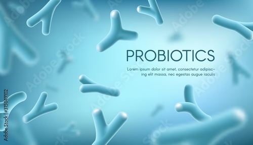 Probiotics lacto bacteria, healthy nutrition and digestion healthcare vector concept. Probiotcis lactobacillus acidophilus bacteria cells on blue background for prebiotic food package photo