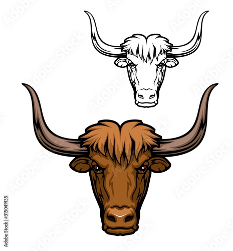 Yak or domesticated wild ox animal mascot of hunting sport, hunter club or sporting team. Bull head isolated icon with brown shaggy hair and large curved horns