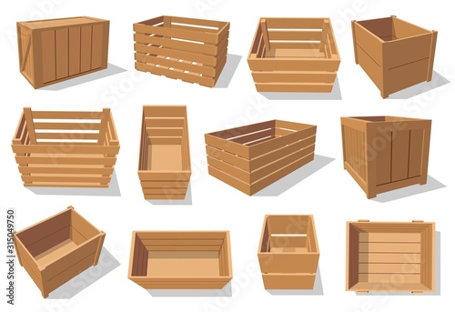 Wooden crates and boxes, cargo shipping containers vector isolated objects. Open pallets, empty wood baskets and packages, warehouse storage, delivery and transportation industry photo