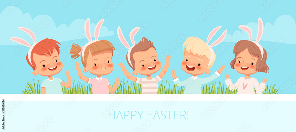Children dressed in bunnies laugh and wave their hands in the grass. Children congratulate you on Easter. Children dressed in bunnies laugh and wave their hands in the grass. Children congratulate you on Easter.