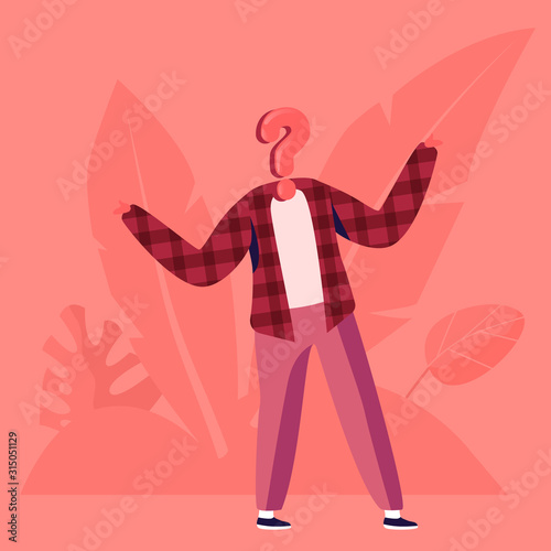 Hypocrisy and Identity Concept. Unrecognizable Anonymous Person with Question Mark Instead of Head Shrug. Confusing Situation, Asking. Secret Agent, Espionage Idea Cartoon Flat Vector Illustration