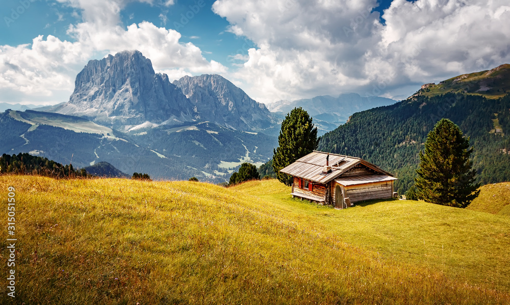Scenic image of Dolomites Alps. Stunning scenery in alpine highlands at summer. Sunrise in the mountain valley with traditional hut. Natural landscape in summer time. Famouse Sassolungo on background