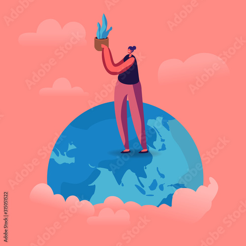 Young Woman Stand on Earth Globe Holding Potted Plant in Hands. Save the Planet Concept. Problem of Global Warming and Nature Pollution. Volunteer Care of Environment Cartoon Flat Vector Illustration