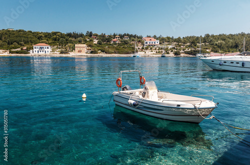  Wonderful Sunny seascape. Fiskardo village and harbor on Kefalonia Ionian island, Greece. popular travel destination. Amazing plase for holyday.