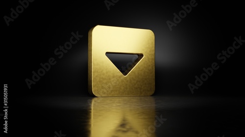 gold metal symbol of caret square down 3D rendering with blurry reflection on floor with dark background