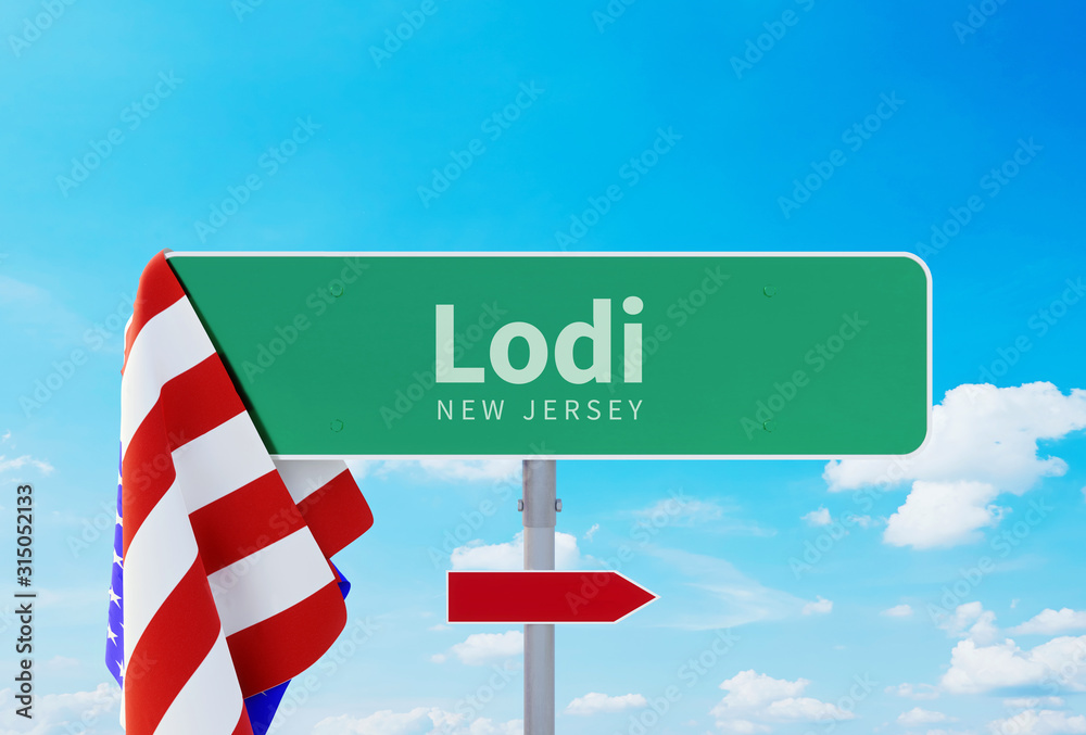 Lodi – New Jersey. Road or Town Sign. Flag of the united states. Blue Sky. Red arrow shows the direction in the city. 3d rendering Lodi – New Jersey. Road or Town Sign. Flag of the united states. Blue Sky. Red arrow shows the direction in the city. 3d rendering