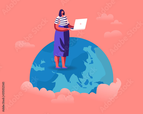 Woman Stand on Earth Globe with Laptop Analysing Worldwide Situation and Reading News of Global Warming and Nature Pollution Problems. Volunteer Care of Environment Cartoon Flat Vector Illustration