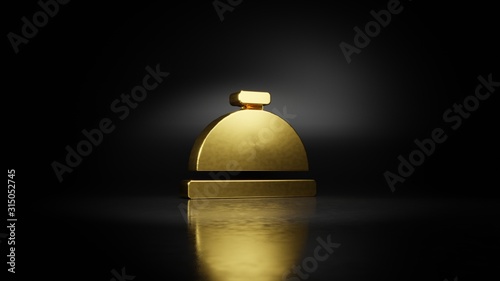 gold metal symbol of concierge bell 3D rendering with blurry reflection on floor with dark background