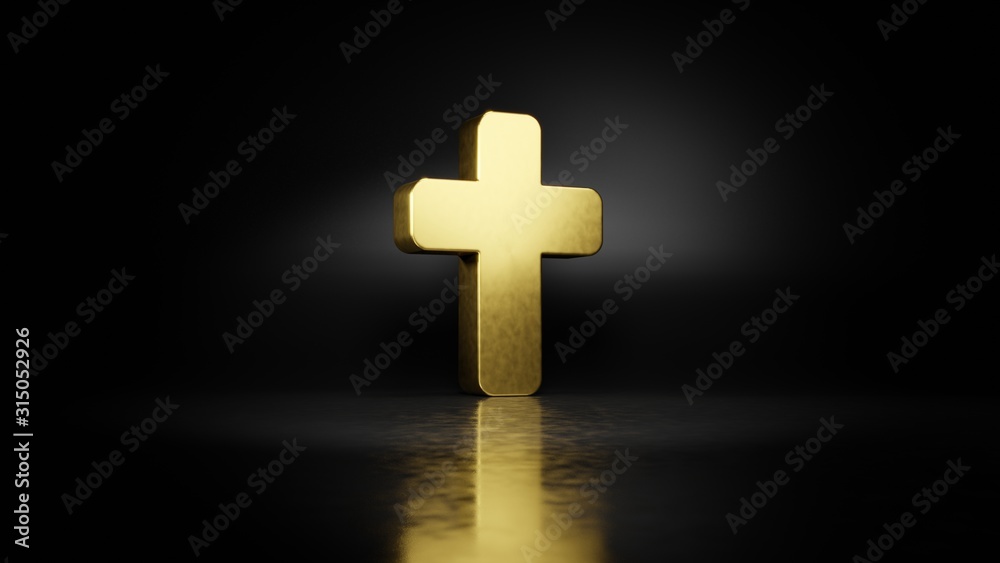 Obraz premium gold metal symbol of cross 3D rendering with blurry reflection on floor with dark background