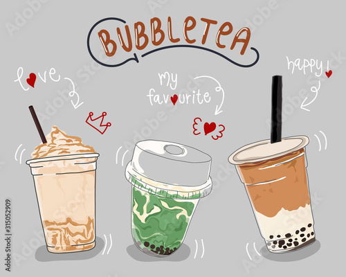 Collection design of bubble tea cup, Pearl milk tea. Vector