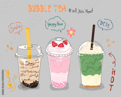 Collection design of bubble tea cup, Pearl milk tea. Vector