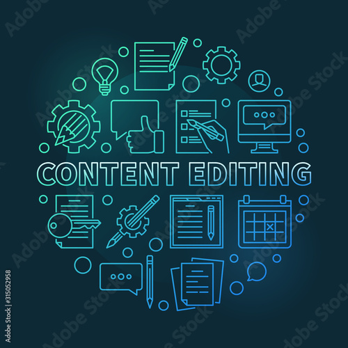 Content Editing vector round concept colorful outline illustration on dark background