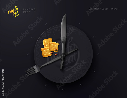 Plate is a clock. Meal time. Food Interval. Proper nutrition. Modern vector illustration top view.