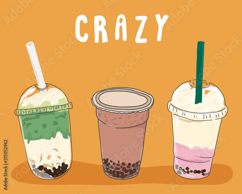 Collection design of bubble tea cup, Pearl milk tea. Vector