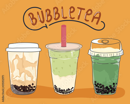 Collection design of bubble tea cup, Pearl milk tea. Vector