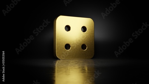 gold metal symbol of dice four 3D rendering with blurry reflection on floor with dark background