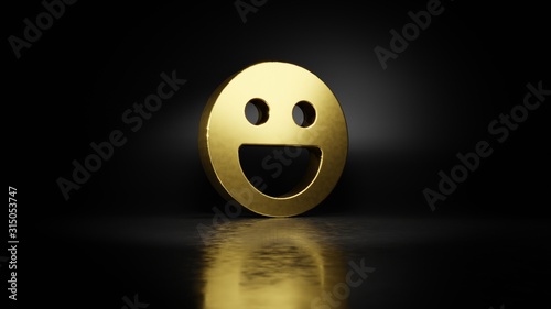 gold metal symbol of emoticons joyful 3D rendering with blurry reflection on floor with dark background