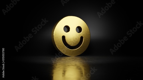 gold metal symbol of emoticons smile 3D rendering with blurry reflection on floor with dark background