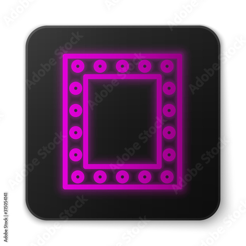 Glowing neon line Makeup mirror with lights icon isolated on white background. Black square button. Vector Illustration