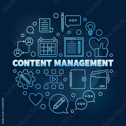 Content Management vector circular concept line blue illustration on dark background