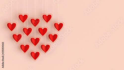 Red paper cut hearts hanging on pink background, Valentines Day romantic composition with space for text. Love heart symbol hanging on tiny ropes, pink metallic frame, happy anniversary background.