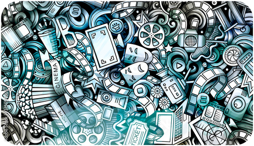 Cinema hand drawn doodle banner. Cartoon detailed flyer.