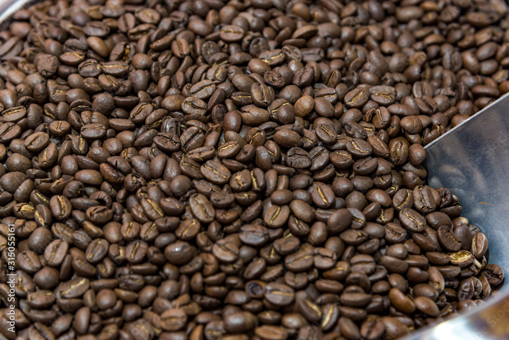 Coffee beans background. brown coffee, background texture, close-up
