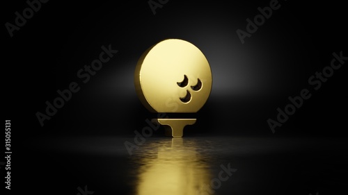 gold metal symbol of golf ball 3D rendering with blurry reflection on floor with dark background