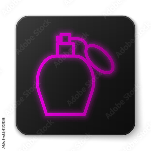 Glowing neon line Perfume icon isolated on white background. Black square button. Vector Illustration