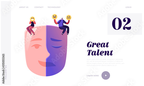 Hypocrisy Website Landing Page. Man and Woman Sitting on Huge Mask Separated on Opposite Emotions with Smiling and Sad Crying Parts. People Cover Face Web Page Banner. Cartoon Flat Vector Illustration