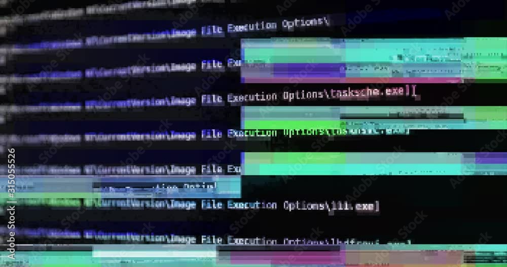 Computer software errors with glitch on system server log lines. Concept for computer virus and data breach hacking. Glitch and noise errors on computer screen code. Hacker activity broke technology