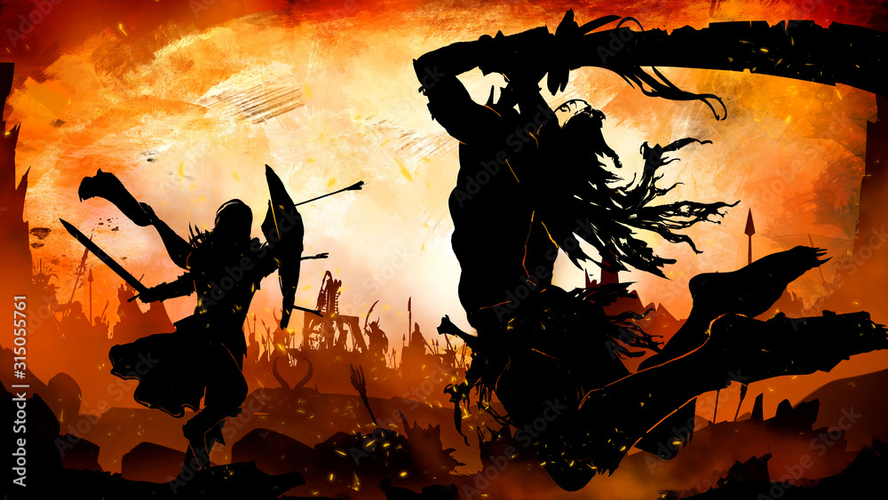 Obraz premium Silhouette of an Orc with a long curved sword with notches in a ragged cloak with long hair, jumping to attack in an epic pose, on a knight with a shield and a sword . Against an orange sunset.