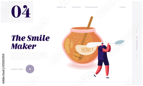 Natural Healthy Sweeteners Website Landing Page. Tiny Male Character Carry Huge Spoon near Glass Jar Full of Honey. Ecological Sweet Food Nutrition. Web Page Banner. Cartoon Flat Vector Illustration