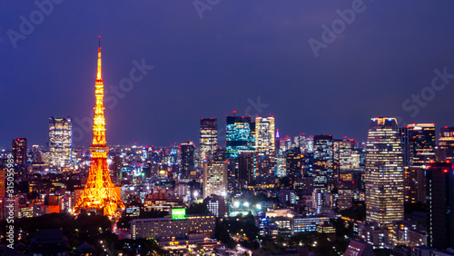 Night light cityscape view with modern building in Tokyo, Japan (Public scene from the window)