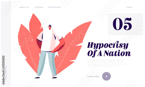 Dishonest Hypocrite Person Telling Lie and Cheating Website Landing Page. Man with Long Nose of Liar Stand with Arms Akimbo. Hypocrisy and Insincerity Web Page Banner. Cartoon Flat Vector Illustration