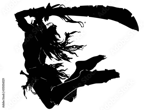 The silhouette of an Orc with a long curved sword with notches in a ragged cloak with long hair, jumping to attack in an epic pose . 2D illustration.