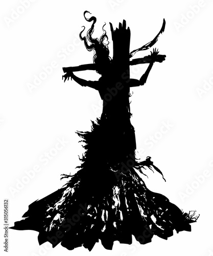The silhouette of a witch with long hair and ragged clothes, burned at the stake, crucified on the cross. 2D illustration