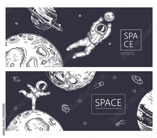 Set of horizontal backgrounds. An astronaut is ice skating in space. Astronaut catches a planet.