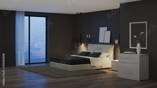 Modern house interior. Bedroom with dark walls and bright furniture. Night. Evening lighting. 3D rendering.