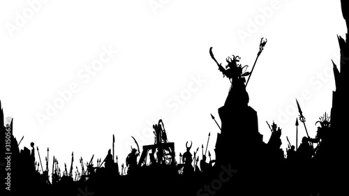 Silhouettes of an army of darkness with spearmen, swordsmen, and catapults, led by a shaman's demon, giving the order to attack. 2D illustration.