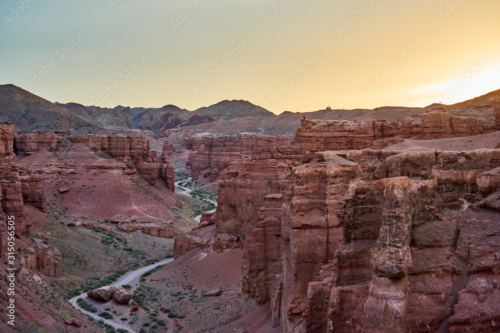 View of Charyn Canyon in evening. Charyn National Park. Almaty region. Kazakhstan. View of Charyn Canyon in evening. Charyn National Park. Almaty region. Kazakhstan.